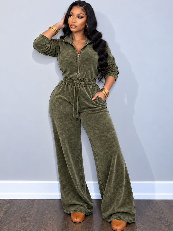 Wash Zip-Front Drawstring Jumpsuit