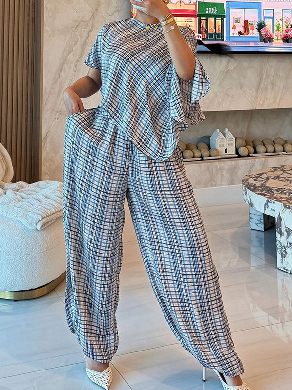 Plaid Asymmetric Top & Pants Set