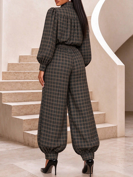 Plaid Mock-Neck Top & Jogger Pants Set