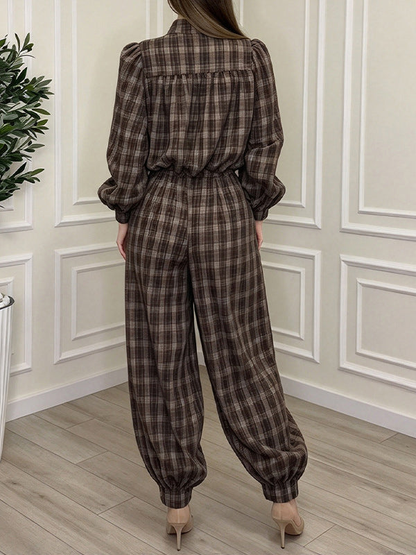 Plaid Mock-Neck Top & Jogger Pants Set