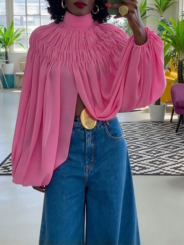 Mock-Neck Puff-Sleeve Top