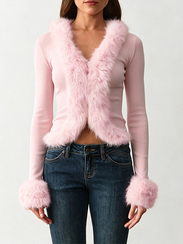 Faux-Fur Combo V-Neck Top