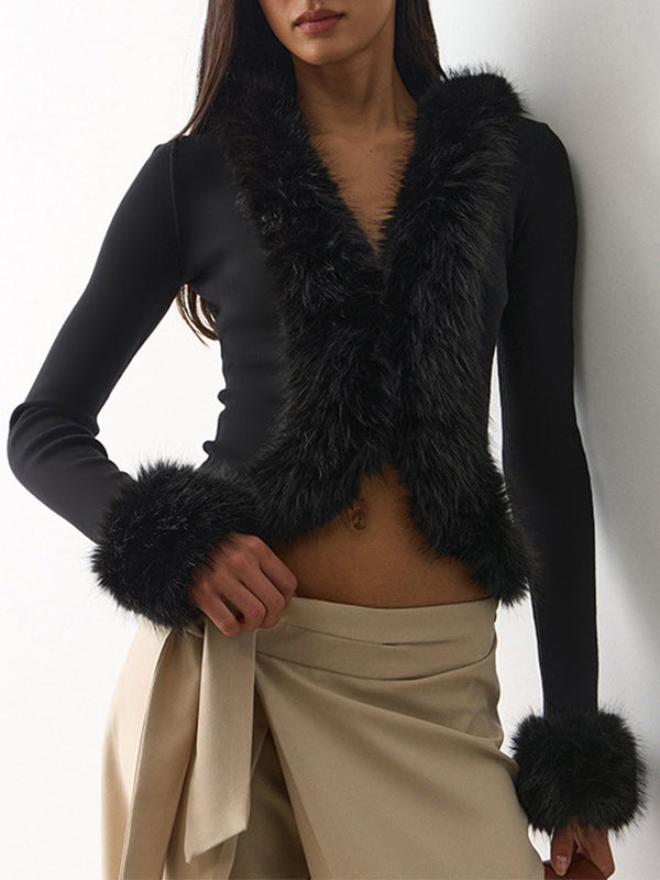 Faux-Fur Combo V-Neck Top