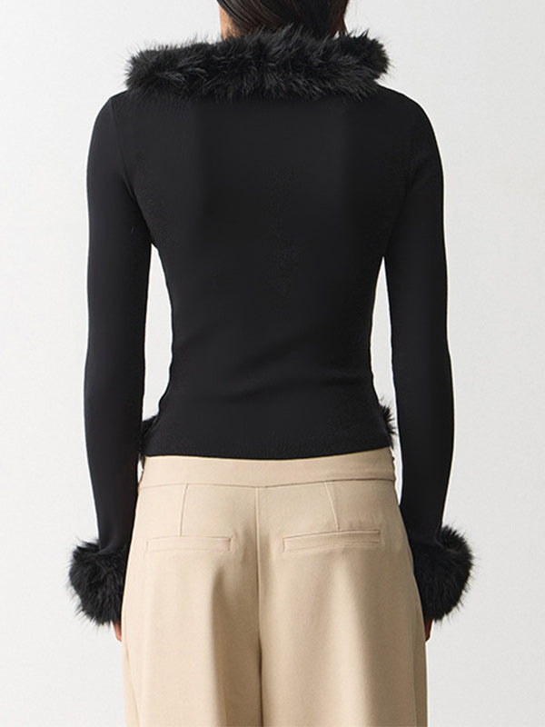 Faux-Fur Combo V-Neck Top