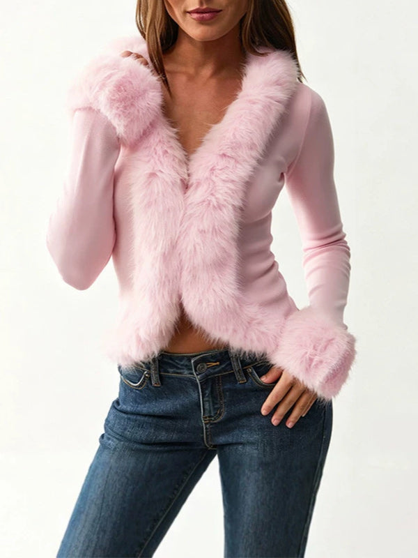 Faux-Fur Combo V-Neck Top