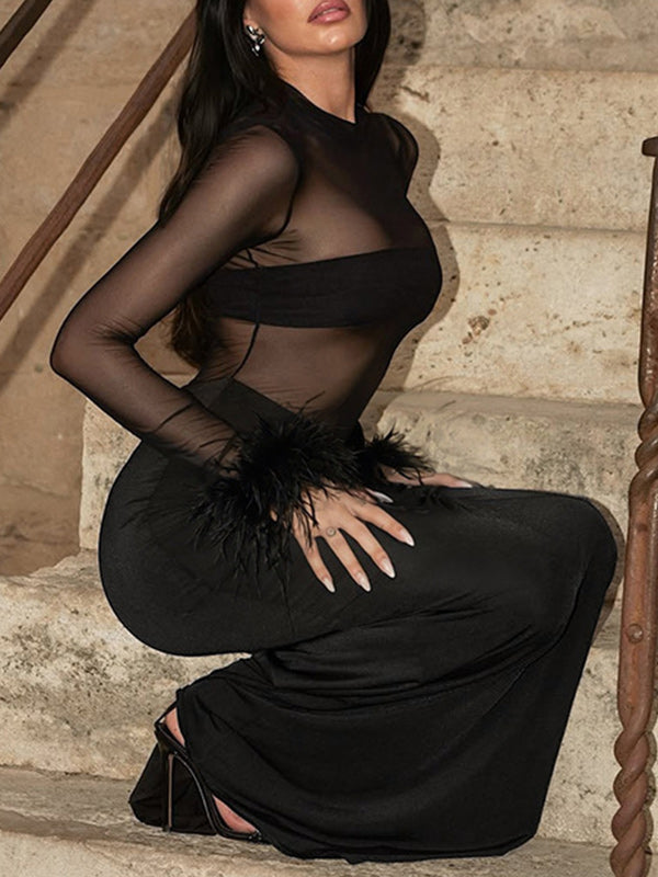 Black Sheer Mesh Feather Cuff Maxi Dress