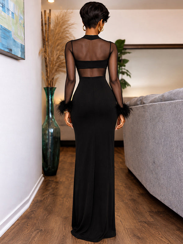 Black Sheer Mesh Feather Cuff Maxi Dress