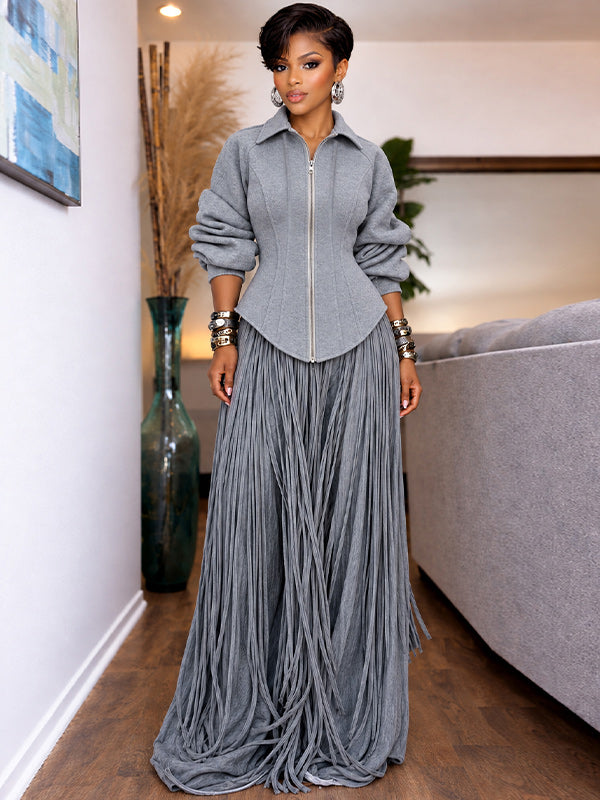 Sculpted Zip Up Jacket & Fringe Wide Leg Pants Set