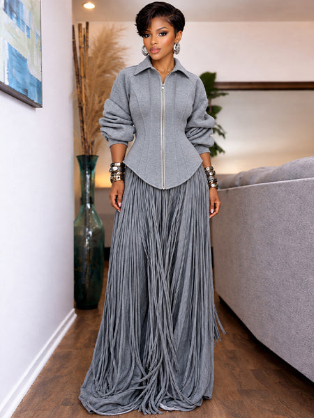 Sculpted Zip Up Jacket & Fringe Wide Leg Pants Set