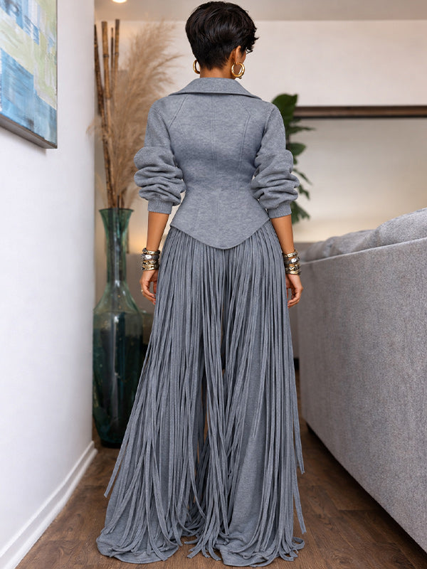 Sculpted Zip Up Jacket & Fringe Wide Leg Pants Set
