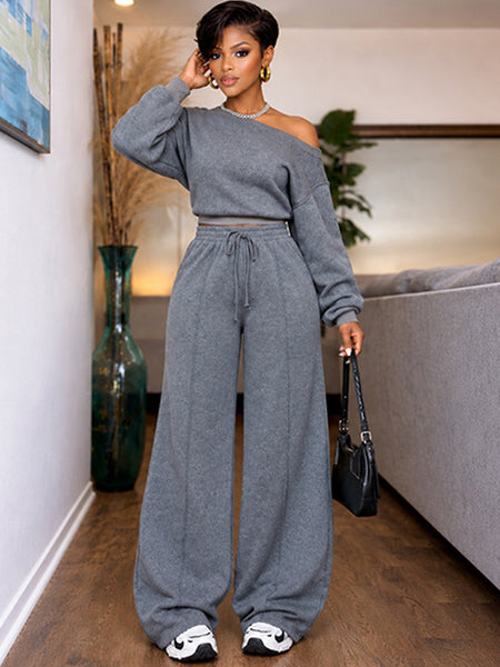 Boat-Neck Sweatshirt & Wide Leg Pants Set