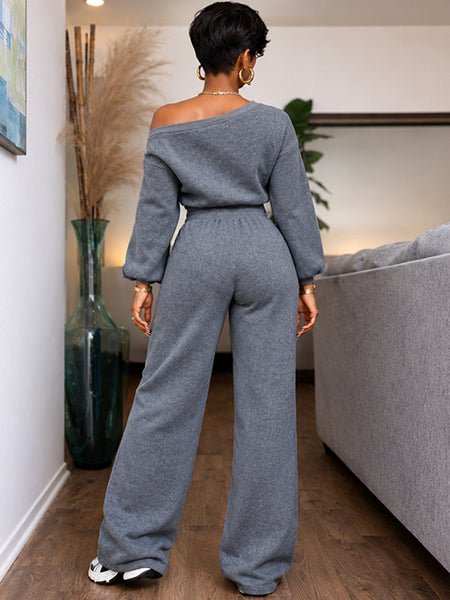 Boat-Neck Sweatshirt & Wide Leg Pants Set