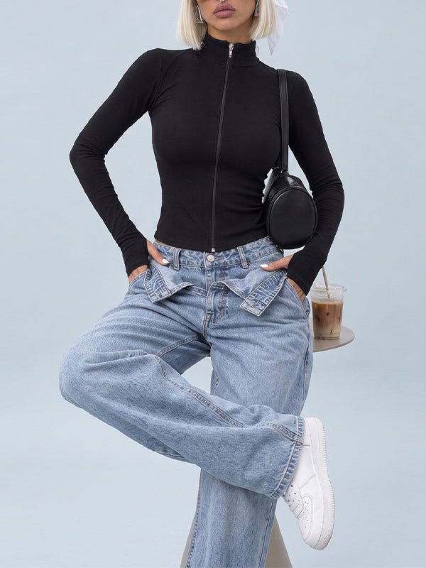 Solid Zip-Front Long Sleeve Top