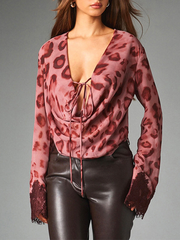Print Cowl-Neck Tied Lace-Combo Top