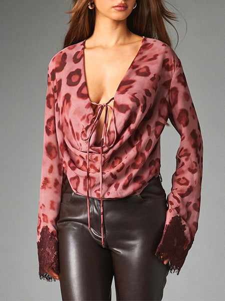 Print Cowl-Neck Tied Lace-Combo Top