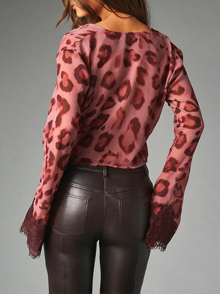 Print Cowl-Neck Tied Lace-Combo Top