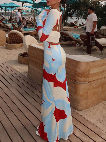 Floral-print V-neck Backless Bodycon Dress