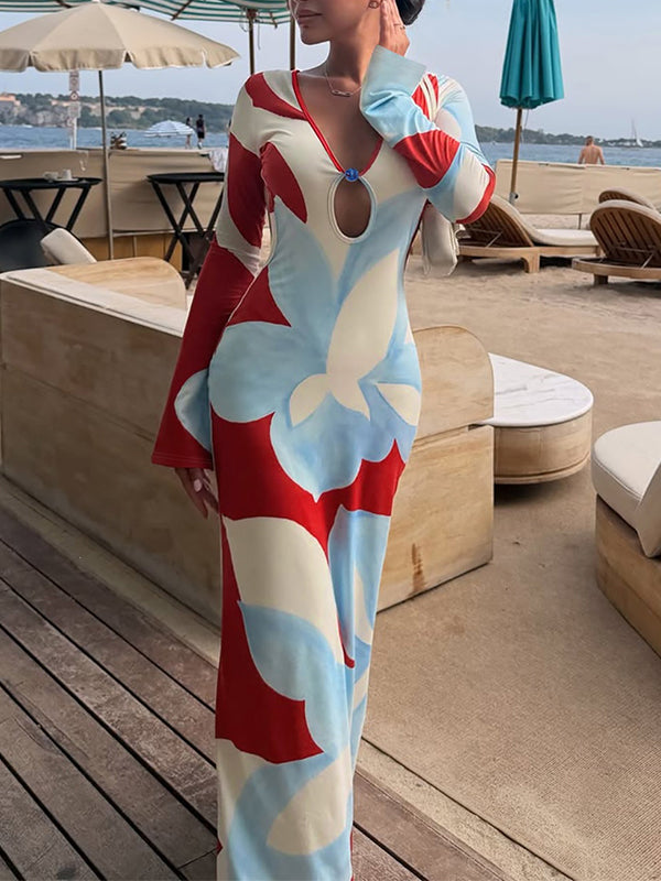 Floral-print V-neck Backless Bodycon Dress