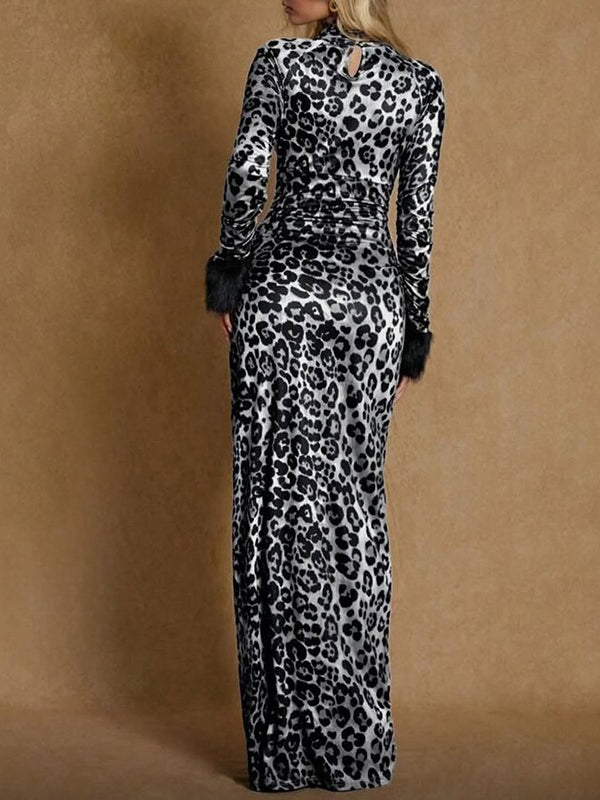 Faux-Fur Combo Leopard-print Mock-Neck Dress