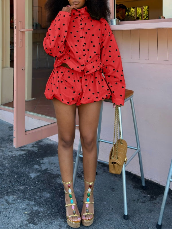 Polka Dot Drawstring Jacket & Bubble Shorts Set