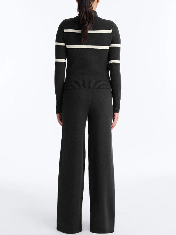 Knit Striped Zip-Up Sweater & Wide Leg Pants Set