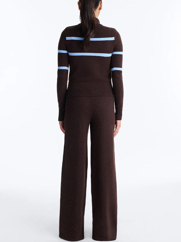 Knit Striped Zip-Up Sweater & Wide Leg Pants Set