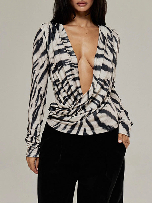 Zebra Print Plunge Ruched Top