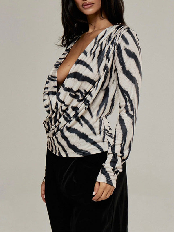 Zebra Print Plunge Ruched Top