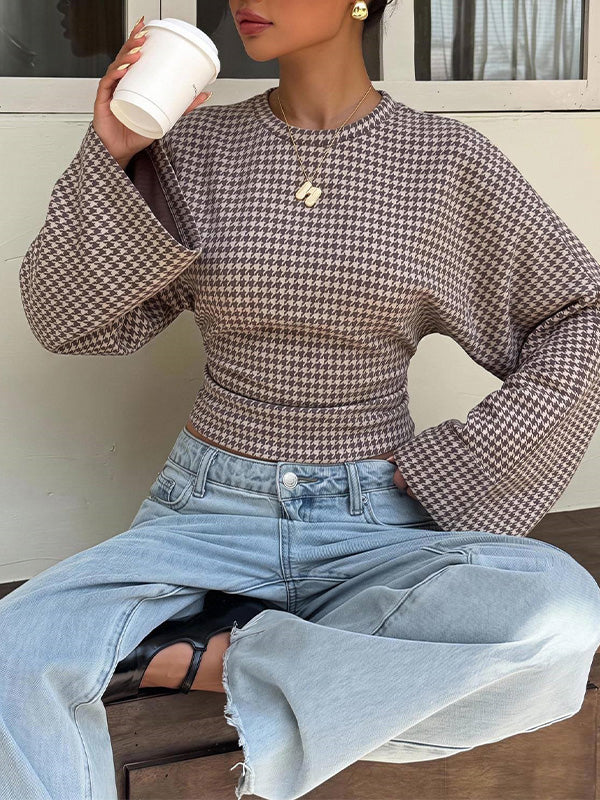 Houndstooth Print Flared Sleeve Top