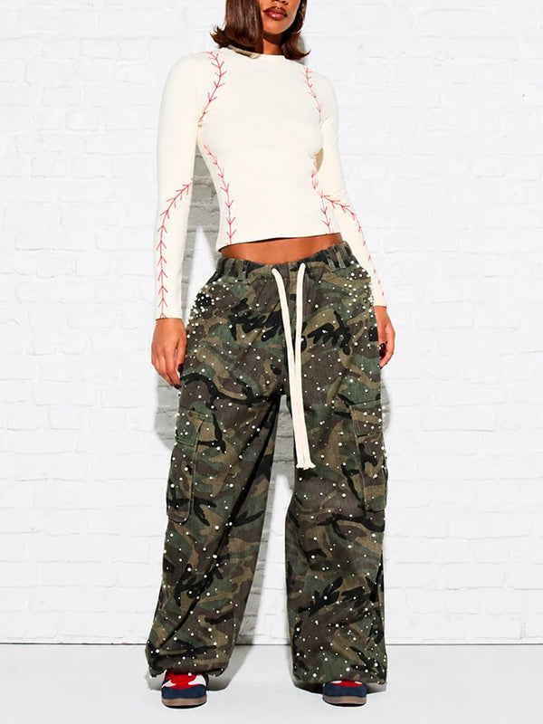 Sporty Baseball Stitch Print Fitted Top