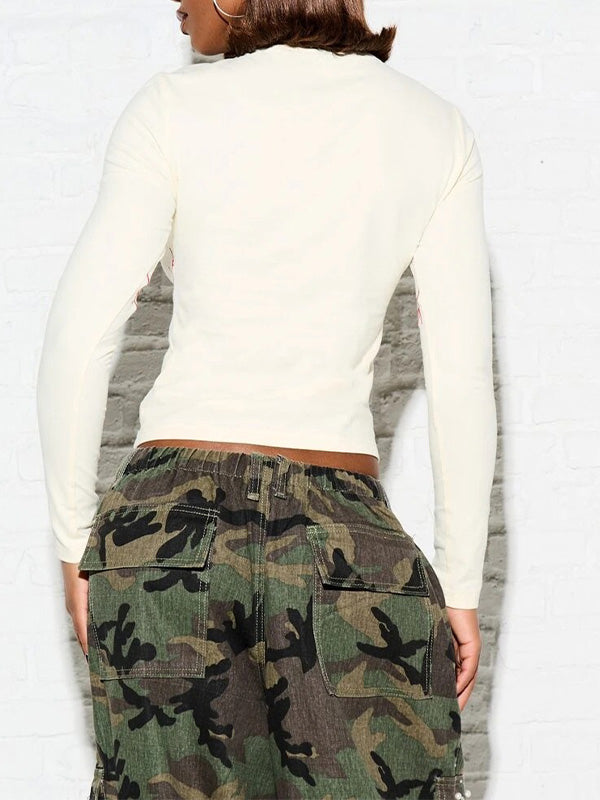 Sporty Baseball Stitch Print Fitted Top