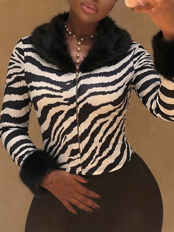 Zebra Print Faux-Fur Trim Zip Up Jacket