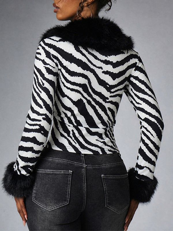 Zebra Print Faux-Fur Trim Zip Up Jacket