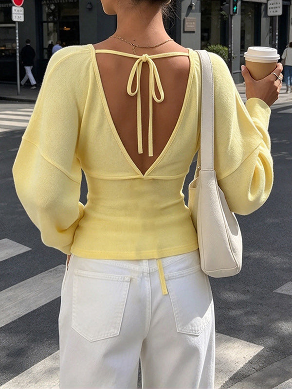 V-Neck Tie-Back Bell Sleeve Top