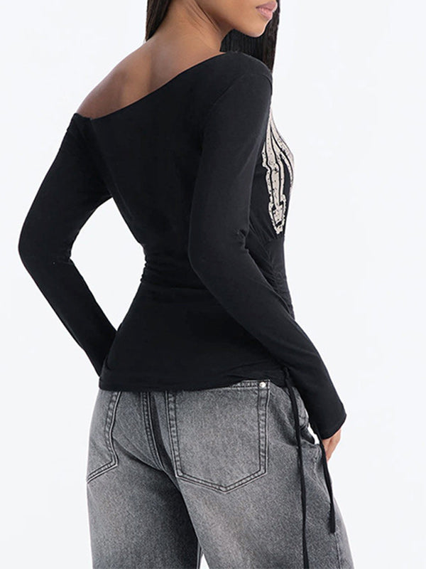 Boat-Neck Letter Print Ruched Top