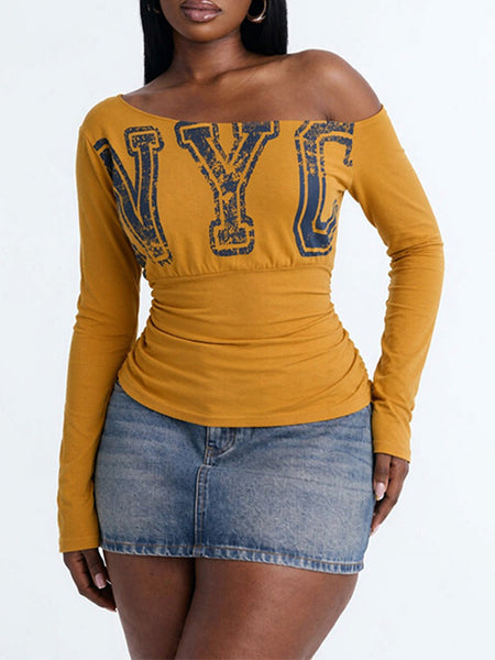 Boat-Neck Letter Print Ruched Top