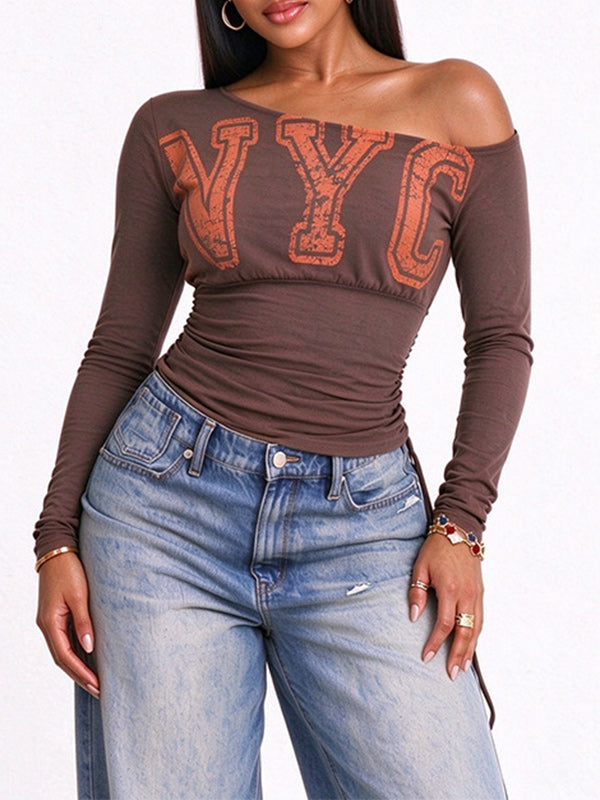 Boat-Neck Letter Print Ruched Top