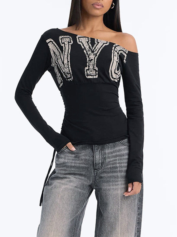 Boat-Neck Letter Print Ruched Top