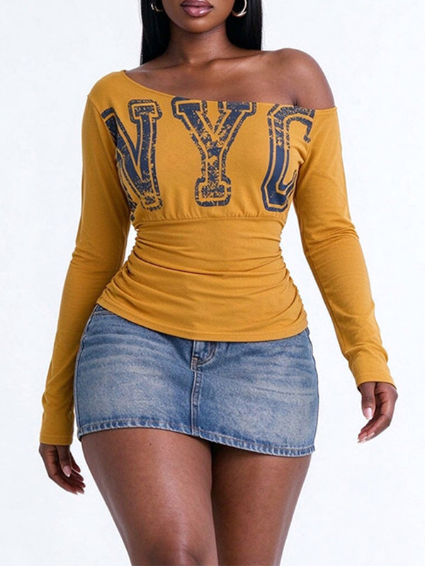Boat-Neck Letter Print Ruched Top