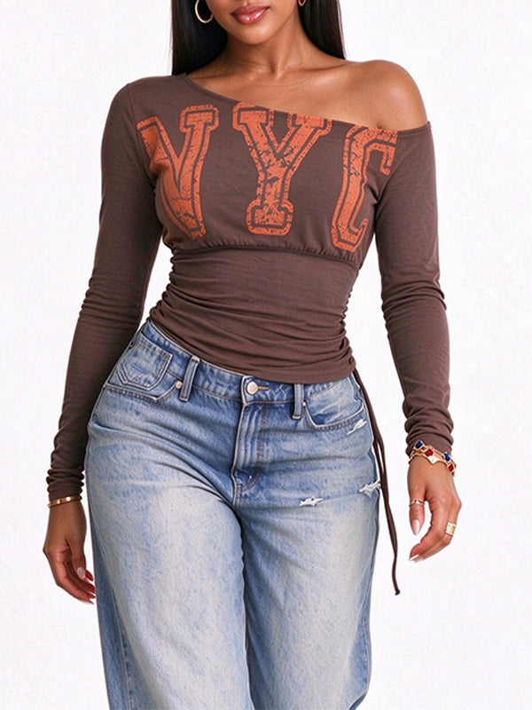 Boat-Neck Letter Print Ruched Top