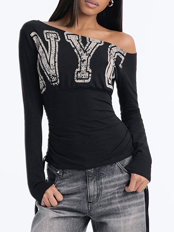 Boat-Neck Letter Print Ruched Top