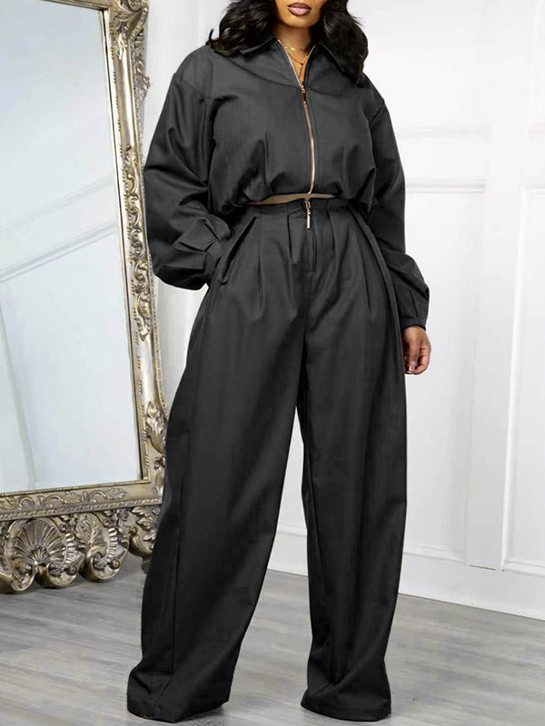 Zip-Front Jacket & Wide-Leg Pants Set