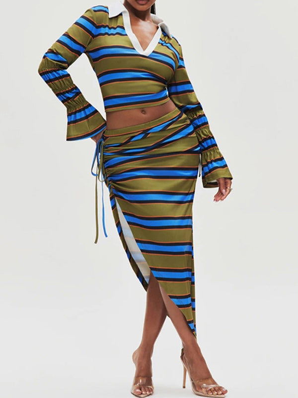 Stripe Polo Top & Slit Skirt Set