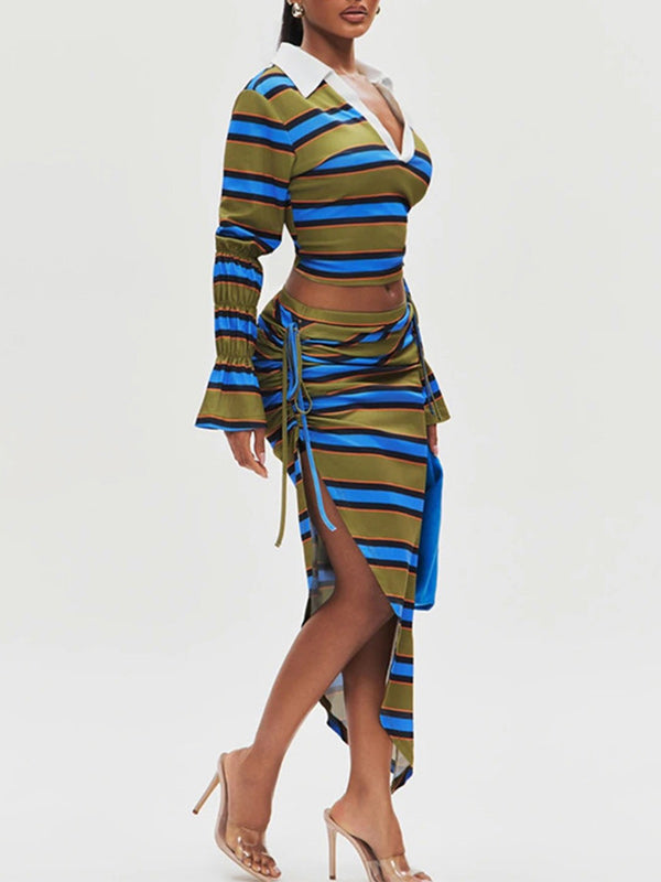 Stripe Polo Top & Slit Skirt Set