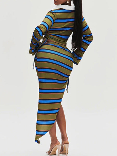 Stripe Polo Top & Slit Skirt Set