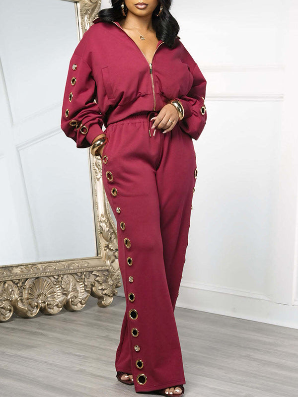 Eyelet Zip-Front Jacket & Pants Set