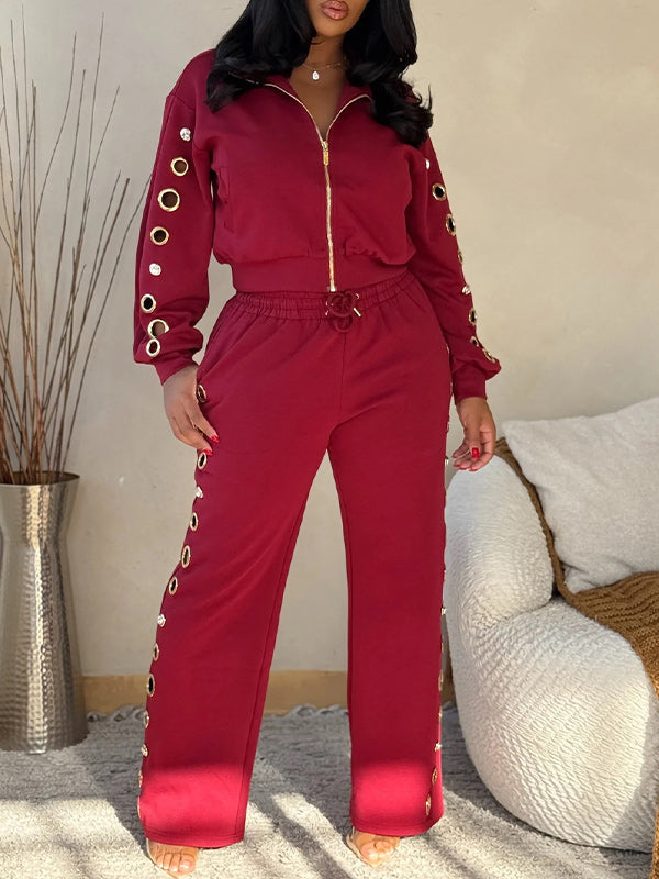Eyelet Zip-Front Jacket & Pants Set