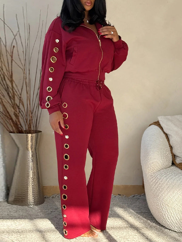 Eyelet Zip-Front Jacket & Pants Set