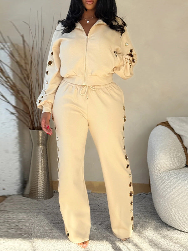 Eyelet Zip-Front Jacket & Pants Set