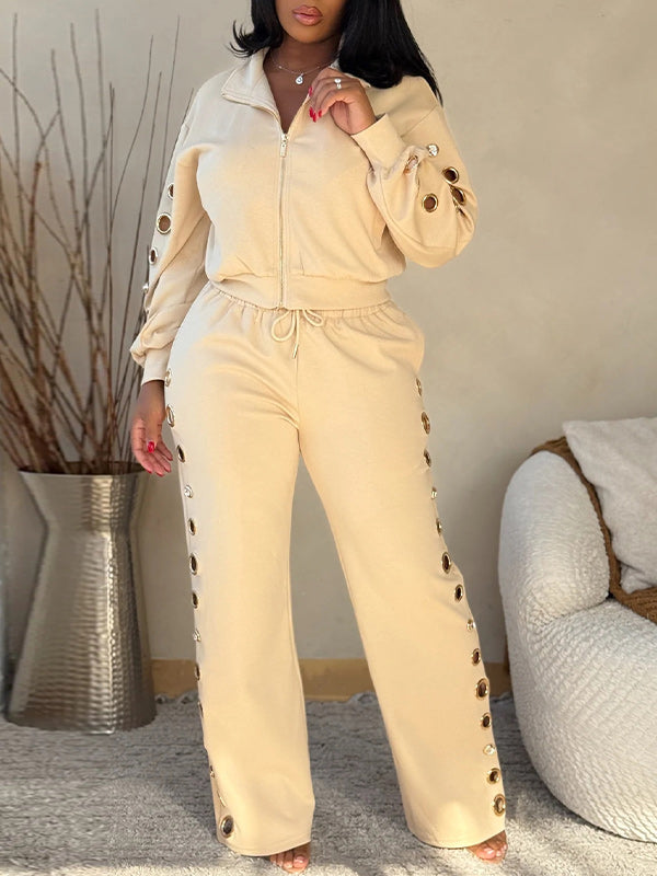 Eyelet Zip-Front Jacket & Pants Set